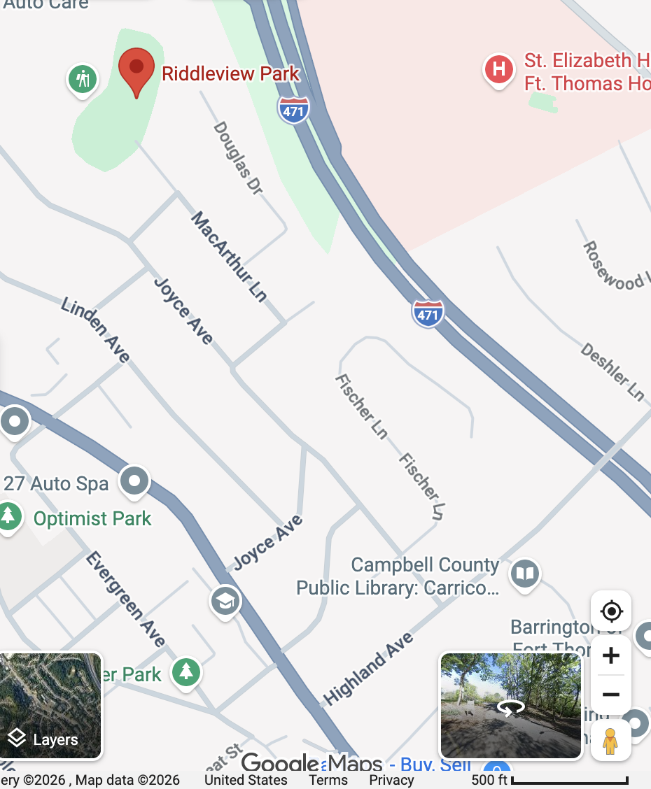 Map showing Riddleview Park near Interstate 471 in Newport, Kentucky